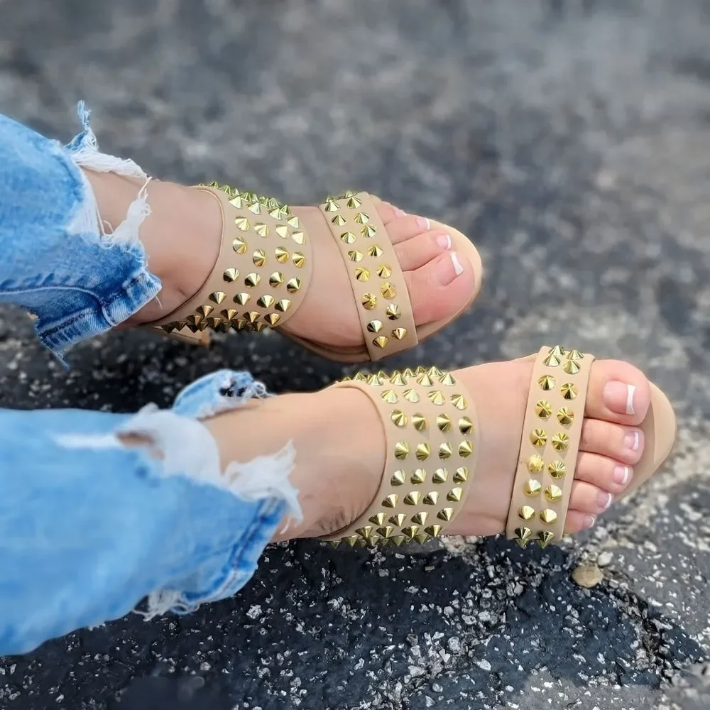 Taupe Stiletto Heel Sandals Double Band Gold Studs Pull-On Shoes - Picture 4 of 5